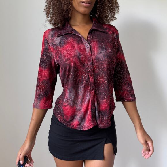 Vintage Pimkie Red Galaxy Satin Blouse (S/M) - Picture 1 of 9